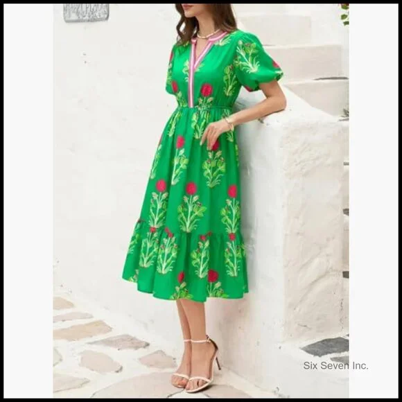 Summer Floral Maxi Dress with Puff Sleeves and V-Neck - Picture 5 of 7